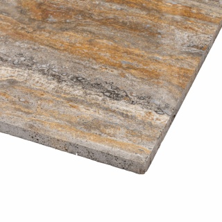 Płytki trawertynowe z szaro brązowego trawertynu silver brown w rozmiarze 60/60/2 cm, wykończenie polerowane