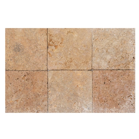 Płytki trawertynowe z szaro różowego trawertynu Antique Rouge w rozmiarze 15/15/1 cm, wykończenie młotkowane