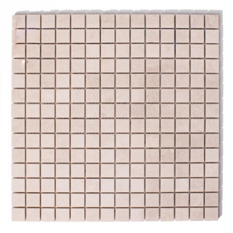 Mozaika marmurowa klasyczne kostki z beżowego marmuru Beige Crystalino kwadraty wielkości 2/2 cm, grubość 1 cm, wykończenie pole
