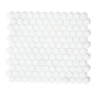 Mozaika marmurowa z małych heksagonów z eleganckiego białego marmuru Bianco Neve, wielkość boku ośmiokątnych elementów 1,2 cm gr