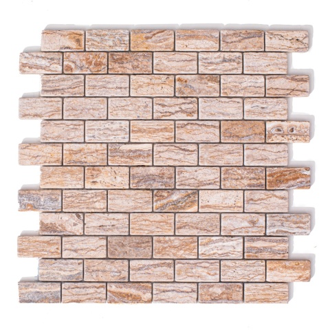 Mozaika trawertynowa brick bone (cegiełki) z brązowego trawertynu Ivy Brown, elementy wielkości 2,5/5 cm, grubość plastra 1 cm, 