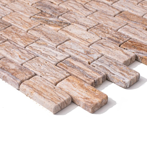 Mozaika trawertynowa brick bone (cegiełki) z brązowego trawertynu Ivy Brown, elementy wielkości 2,5/5 cm, grubość plastra 1 cm, 