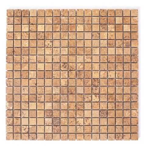 Mozaika trawertynowa kostki z brązowego trawertynu o różnych odcieniach Noce 1,6/1,6 cm cm, grubość plastra 1 cm wykończenie sat