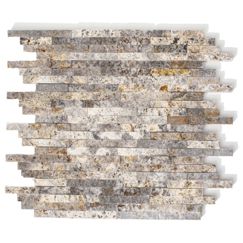 Mozaika trawertynowa sky line z beżowego trawertynu Silver Brown, grubość plastra 2 cm, wykończenie łupane